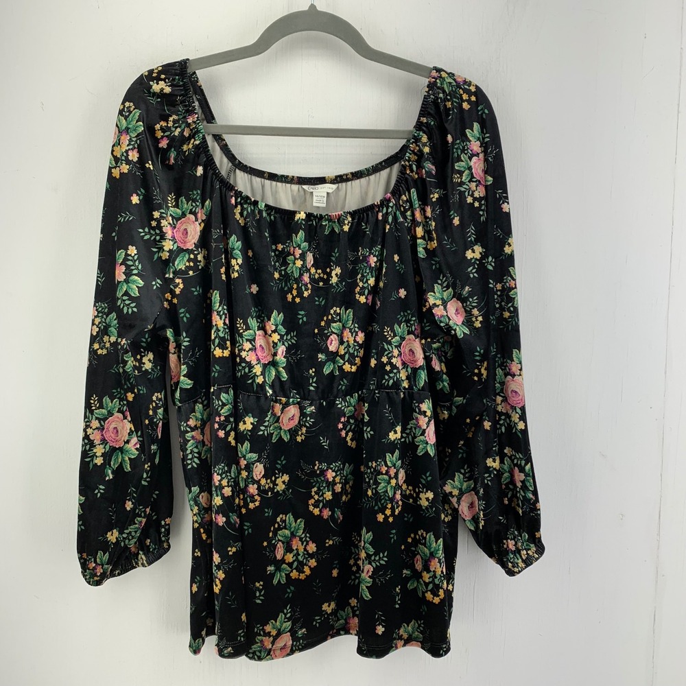 Dark Cottage Whimsigoth Black Floral Velvet Square Neck Peplum Blouse Top 14/16W